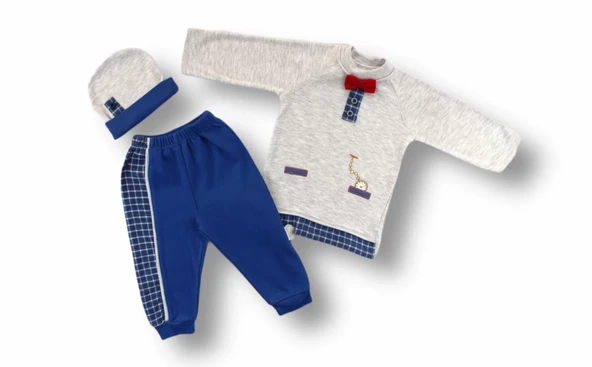 3-6 6-9 9-12 Ay Cep Saat Nakışlı Şapkalı Uzun Kollu Sweatli 3lü Erkek Bebek Takımı Mavi ürün görseli 1