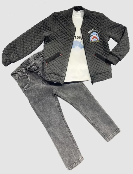 4-5-6 Yaş Kot Pantolonlu Pilot Mont Uzun Kollu Penye Sweat 3lü Erkek Çocuk Takımı Füme - 2