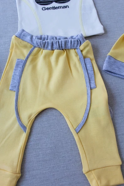 3-6 6-9 9-12 Ay Gentleman Erkek Nakışlı Şapkalı Uzun Kollu Sweat 3lü Erkek Bebek Takımı Sarı - Resim 2