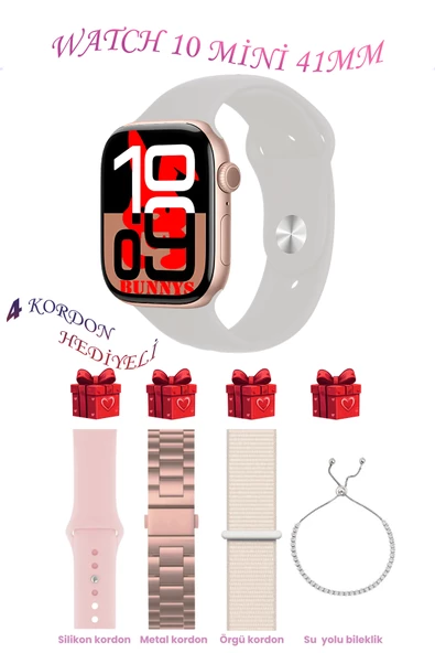 Apple iPhone 11 Pro Uyumlu Taş Akıllı Saat Watch 10 Mini Kordon Hediyeli AMOLED EKRAN 41MM ürün görseli