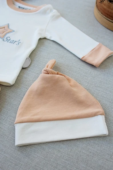 3-6 6-9 9-12 Ay Full Star Nakışlı Şapkalı Uzun Kollu Sweat 3lü Erkek Bebek Takımı Buğday - Resim 4