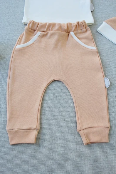 3-6 6-9 9-12 Ay Full Star Nakışlı Şapkalı Uzun Kollu Sweat 3lü Erkek Bebek Takımı Buğday - Resim 3