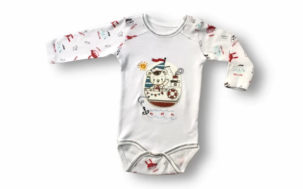 3-6 6-9 9-12 Ay Minik Korsan Nakışlı Şapkalı Uzun Kollu Zıbınlı 3lü Kız-erkek Bebek Takımı Ekru - Resim 2