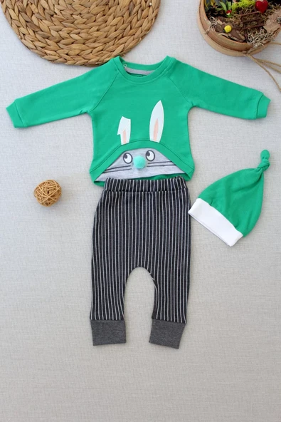 3-6 6-9 9-12 Ay Şımarık Tavşan Nakışlı Şapkalı Uzun Kollu Sweat 3lü Kız-erkek Bebek Takımı Yeşil ürün görseli