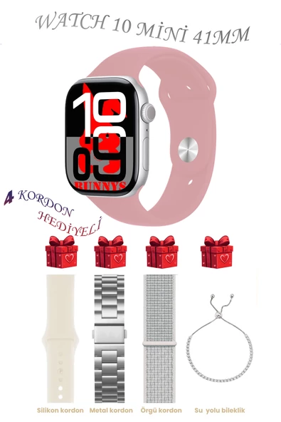Apple iPhone 11 Pro Uyumlu TozPembe Akıllı Saat Watch 10 Mini Kordon Hediyeli AMOLED EKRAN 41MM