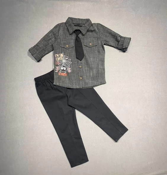 3-4-5 Yaş Kravatlı Keten Gömlek Gabardin Pantolon Uzun Kollu 3lü Erkek Çocuk Takımı Siyah - 3