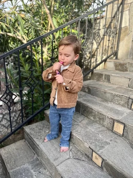 3-4-5 Yaş Fitilli Kadife Ceket Kot Pantolonlu 3lü Kız Erkek Çocuk Takımı Gül Kurusu - Resim 3