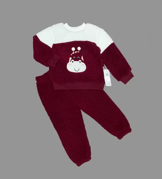 1-2-3 Yaş Ponponlu Zürafa Desenli Kuzu Kumaş Uzun Kollu 2li Kız Erkek Çocuk Takımı Bordo ürün görseli