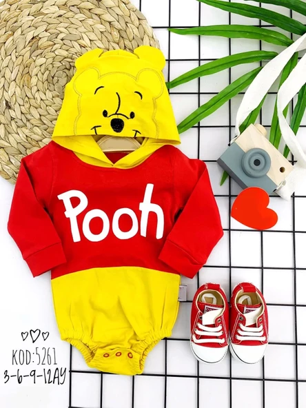 3-6-9-12 Ay Kapşonlu Pooh Desenli Uzun Kollu Kız Erkek Bebek Bady &zıbın Kırmızı