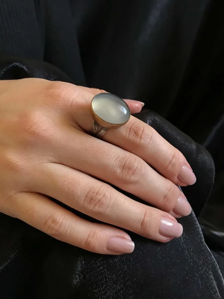 Asya Serisi Doğal Taşlı Beyaz Ay Taşı Bayan Otantik Gümüş  Yüzük 925 Ayar Ayarlanabilir Ölçülü - 5