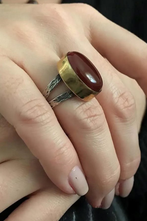 Asya Serisi Gümüş Kırmızı Akik Taşlı Bayan Yüzük - 2