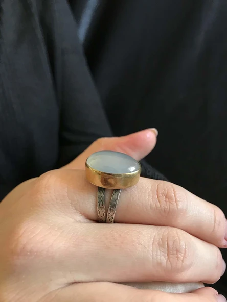 Asya Serisi Doğal Taşlı Beyaz Ay Taşı Bayan Otantik Gümüş  Yüzük 925 Ayar Ayarlanabilir Ölçülü - 3