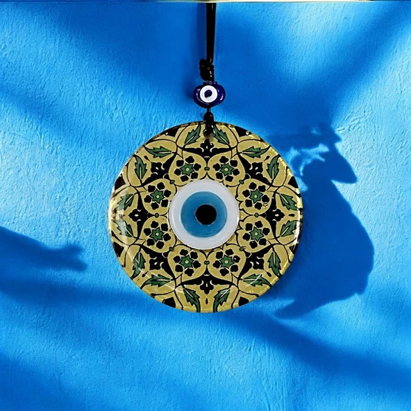 Altın Varaklı Ve Siyah Yaprak Desenli Nazar Boncuklu Füzyon Cam Duvar Süsü - Resim 3