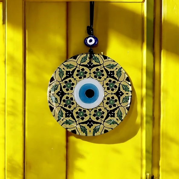 Altın Varaklı Ve Siyah Yaprak Desenli Nazar Boncuklu Füzyon Cam Duvar Süsü - Resim 2