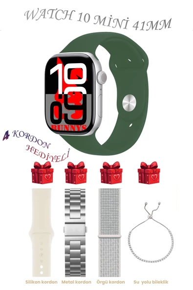 Apple iPhone 11 Uyumlu Haki Akıllı Saat Watch 10 Mini Kordon Hediyeli AMOLED EKRAN 41MM