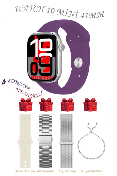 Apple iPhone 11 Uyumlu Mor Akıllı Saat Watch 10 Mini Kordon Hediyeli AMOLED EKRAN 41MM