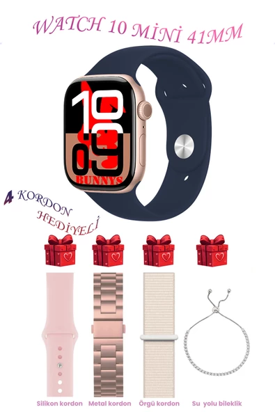 Apple iPhone 11 Uyumlu Lacivert Akıllı Saat Watch 10 Mini Kordon Hediyeli AMOLED EKRAN 41MM