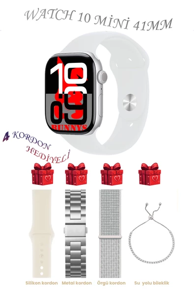 Samsung Galaxy A50 Uyumlu Beyaz Akıllı Saat Watch 10 Mini Kordon Hediyeli AMOLED EKRAN 41MM