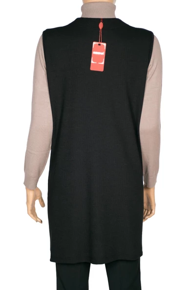 Hesna Kadın Çağla Fitilli Cepli Siyah Yelek - 3