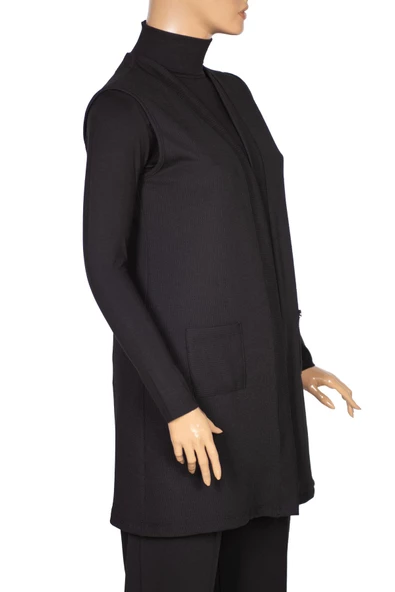 Hesna Kadın Çağla Fitilli Cepli Siyah Yelek - 6