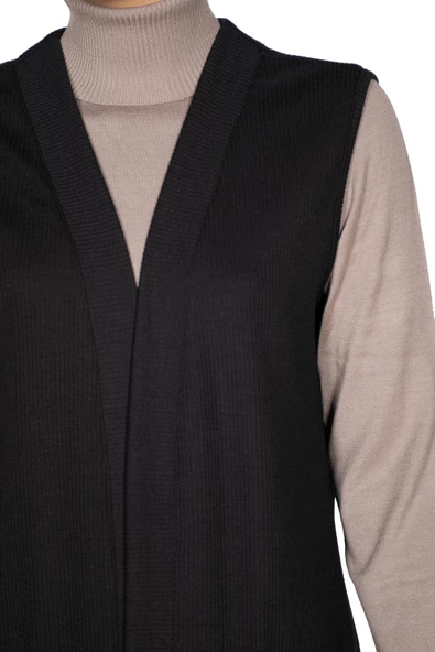 Hesna Kadın Çağla Fitilli Cepli Siyah Yelek - 2