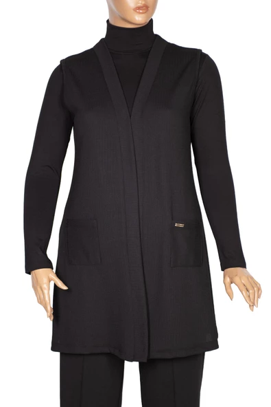 Hesna Kadın Çağla Fitilli Cepli Siyah Yelek - 4