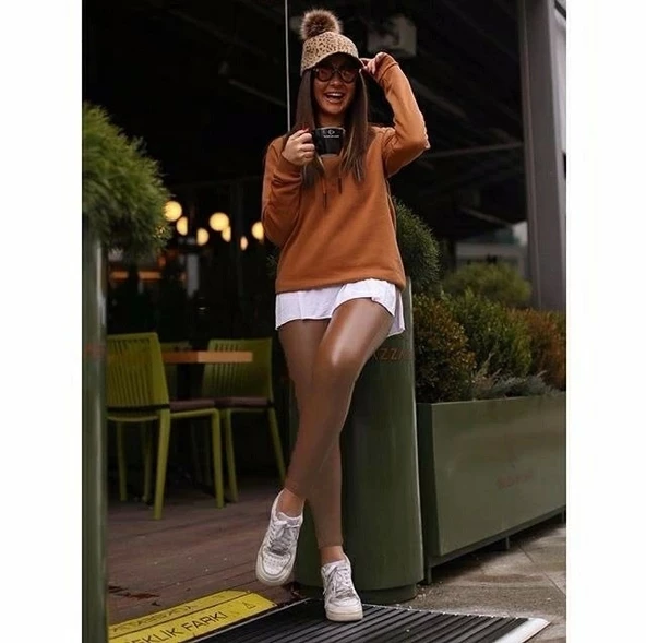 Kadın Yüksek Bel Içi şardunlu Deri Tayt - Resim 2