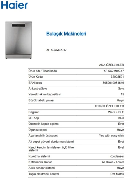 Haier XF 5C7M0X-17 Wi-Fi 8 Programlı Bulaşık Makinesi - 4