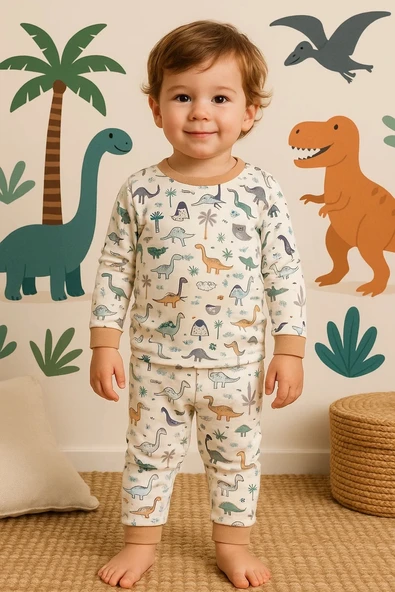 Dinazor Desen Erkek Bebek Eşofman Pijama Takımı Kahverengi - 2