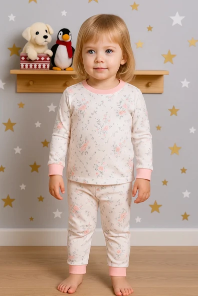 Çiçek Desenli Kız Bebek Pijama Eşofman Takımı Pembe