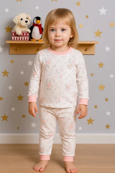 Çiçek Desenli Kız Bebek Pijama Eşofman Takımı Pembe