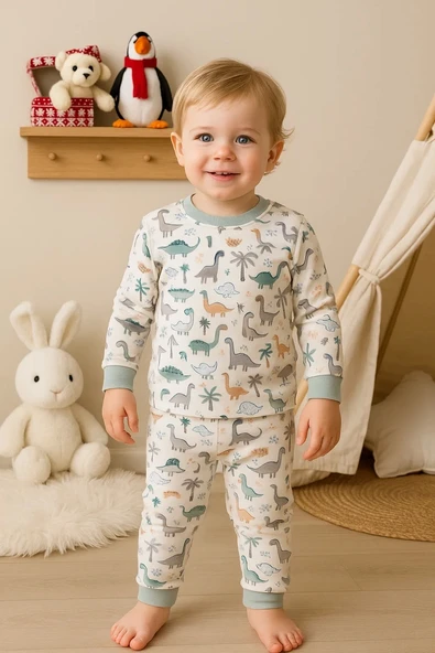 Dinazor Desen Erkek Bebek Eşofman Pijama Takımı Yeşil