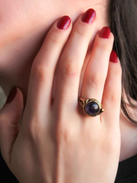 Doğal Taş Yuvarlak Ametist Doğal Taşlı Ayarlanabilir Orta Boy Yüzük euy7at - Resim 2