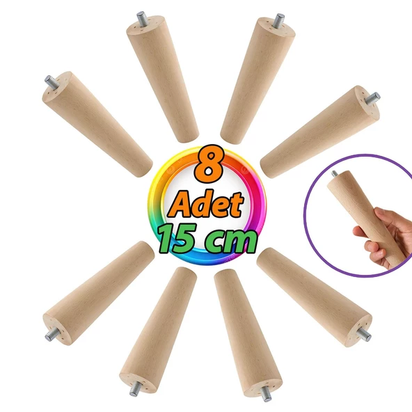 8 Adet Ahşap Ayak 15 Cm Dolap Mobilya Koltuk Kanepe Destek Ayağı Ayakları Konik M8 Civatalı