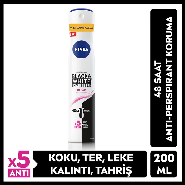 Nivea Kadın Sprey Deodorant Black & White Invisible Clear 48 Saat Anti-Perspirant Koruma 200 ml