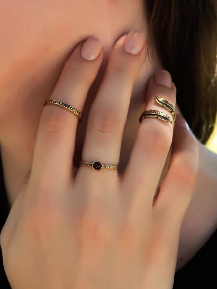 Doğal Taşlı 3'lü Garnet (Lal) Doğal Taşlı Tüy Modelli Kadın Ayarlanabilir Yüzük Seti euy342 ürün görseli