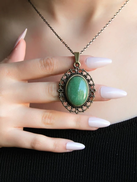 Doğal Taş Yeşil Akik Doğal Taşlı Otantik Kadın Kolye 45 Cm Zincirli euk13ya ürün görseli