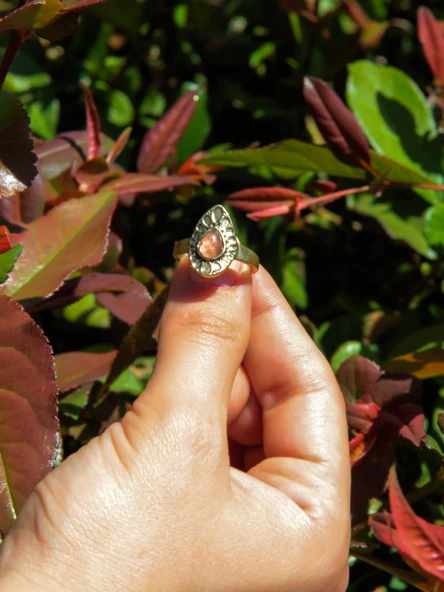 Doğal Taş Pembe Kuvars Doğal Taşlı Antik Damla Model Ayarlanabilir Kadın Yüzük euy33pk - Resim 3