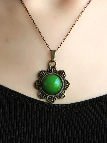 Doğal Taş Yeşil Akik Doğal Taşlı Desenli Otantik Kadın Kolye 45 Cm Zincirli euk17ya - Resim 2