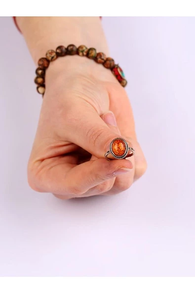 Doğal Taşlı Kehribar Ayarlanabilir Yüzük Orta Boy - Resim 6