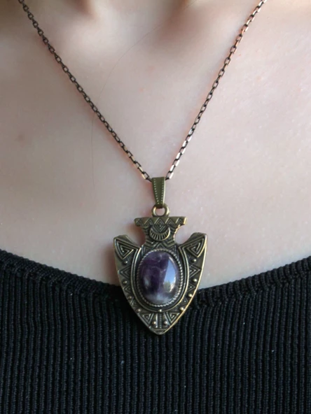 Doğal Taş Ametist Doğal Taşlı Otantik Kadın Kolye 45 Cm Zincirli euy12at - Resim 3