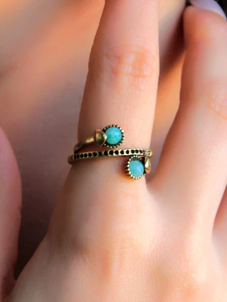 İkili 3mm Doğal Taşlı Antik Kadın Ayarlanabilir Yüzük Amazonit Taşı euy32a - Resim 2