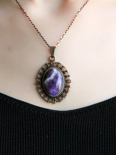 Doğal Taş Ametist Doğal Taşlı Otantik Kadın Kolye 45 Cm Zincirli euk13at - Resim 2