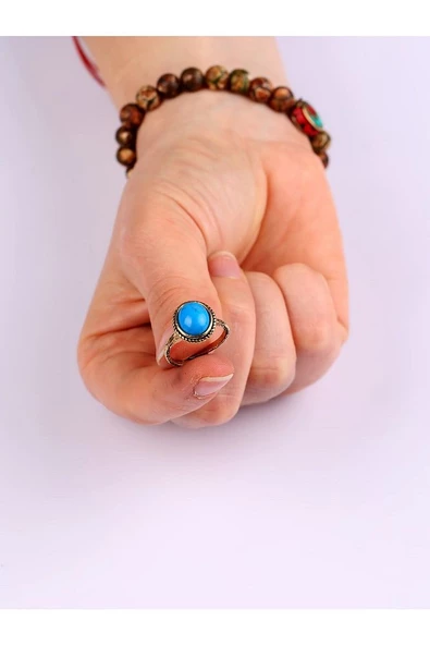 Doğal Taşlı Firuze Doğal Taş Ayarlanabilir Yüzük Orta Boy - Resim 6