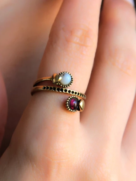 İkili 3mm Doğal Taşlı Antik Kadın Ayarlanabilir Yüzük Dendritli Opal Granat (Lal) Taşı euy32og - Resim 3