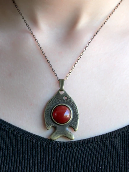 Doğal Taş Akik Doğal Taşlı Balık Desen Otantik Kadın Kolye 45 Cm Zincirli euy10a - Resim 3