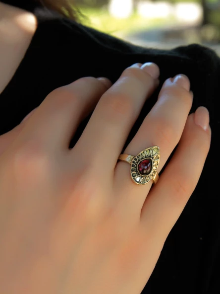 Doğal Taş Lal (Granat Garnet) Doğal Taşlı Antik Damla Model Ayarlanabilir Kadın Yüzük euy33g - 2