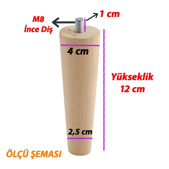 2 Adet Ahşap Ayak 12 Cm Dolap Mobilya Koltuk Kanepe Destek Ayağı Ayakları Konik M8 Civatalı - 2