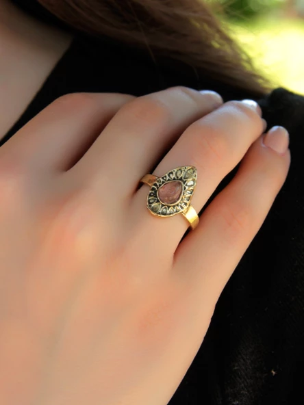 Doğal Taş Pembe Kuvars Doğal Taşlı Antik Damla Model Ayarlanabilir Kadın Yüzük euy33pk - Resim 2