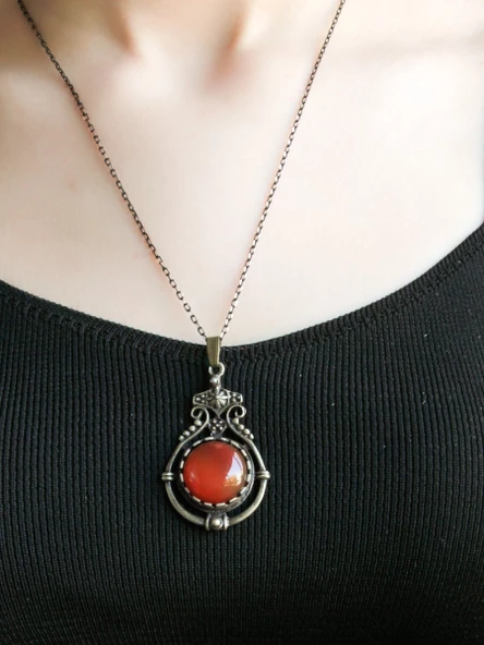 Doğal Taş Akik Doğal Taşlı Desenli Otantik Kadın Kolye 45 Cm Zincirli euk14a - Resim 3